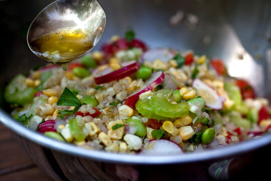 Close up of quinoa, corn and edamame salad