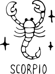 Vector illustration of the zodiac sign Scorpio in the power of Doodle, black outline on an isolated white background. The concept of astrology, mysticism, divination, horoscopes. Can be used for books