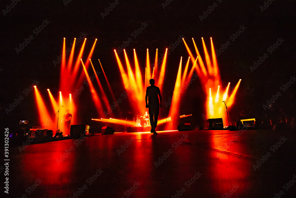 Wall mural musical show. silhouette of a punk band. light show at a rock concert. popular band on the club scen