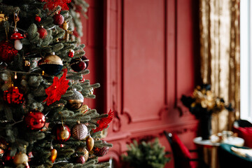 Beautiful Christmas tree with festive decor, close-up
