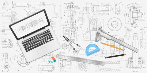 Laptop and technological tool.Technical drawing background.Mechanical Engineering background . Industrial design engineering facility office.Vector illustration .	