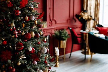 Beautiful Christmas tree with festive decor, close-up