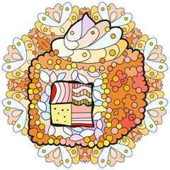 Zentangle Sushi with mandala. Hand drawn decorative vector illustration