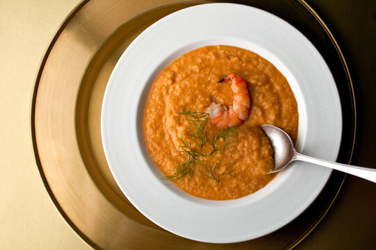 Close up of shrimp bisque plate