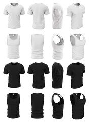Set of undershirt and T-shirts for men in black and white in front, back, side views. Mockup, clothing template isolated on white background. Classic underwear.