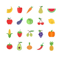 Fruits and vegetables icon set. Healthy food icons. Vector illustration.
