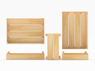 Empty wooden crates in different positions isolated on white background. 3D illustration