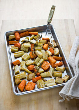 Close up of roasted vegetables on tray