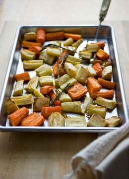 Close up of roasted vegetables on tray