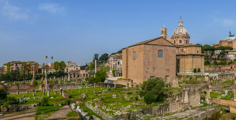 Fototapeta na wymiar Extra panoramic view of the ruins of the Roman Forum
