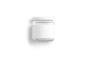 Blank small glass jar with white label mockup lying, isolated