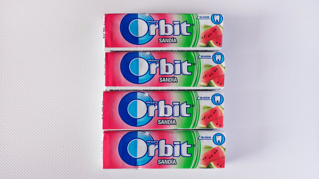 Orbit Chewing Gum, Tenerife, Canary Islands, Spain - September 24, 2018: Wrigley's Orbit Chewing Gum four lined up packs of special watermelon or sandia flavors, a Spanish edition of sugar free gum