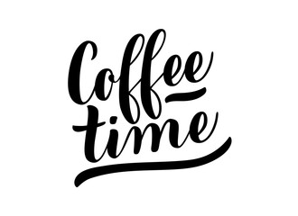 Obraz premium Coffee time logo calligraphic text. Handwritten lettering illustration. Brush calligraphy style. Black inscription isolated on white background