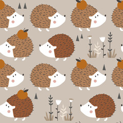 Happy hedgehogs, apples, hand drawn backdrop. Colorful seamless pattern with animals. Decorative cute wallpaper, good for printing. Overlapping colored background vector. Design illustration - 391305055