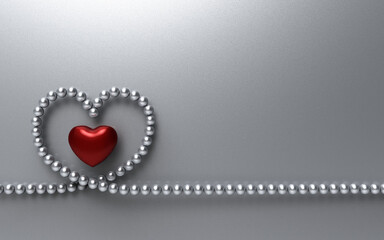 Red heart with silver beads on silver background