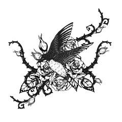 Bird with rose tattoo by hand drawing.Beautiful flower on white background.Anne Harkness rose vector art highly detailed in line art style.Flower tattoo for paint or pattern.