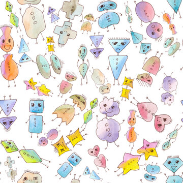 Seamless pattern cartoon robots from geometric shapes, different facial expressions and colors. 