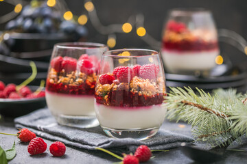 Raspberry Panna cotta or .parfait with raspberry jelly, Italian dessert, homemade cuisine. Copy...