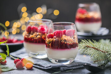 Raspberry Panna cotta or .parfait with raspberry jelly, Italian dessert, homemade cuisine. Copy...