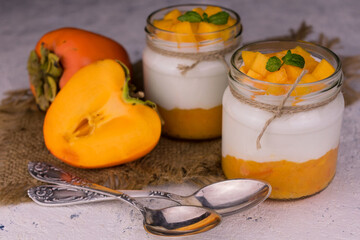 Yogurt Persimmon White Background Field Desserts Concept