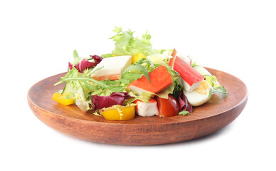 Delicious salad with crab sticks and lettuce on white background