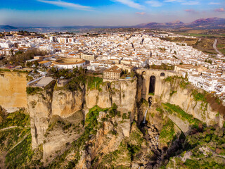 Vista a&eacute;rea de la ciudad de Ronda. Tajo y plaza de toros.