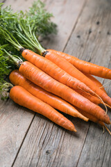 Fresh carrots bunch on rustic background. Healthy vegan vegetable food.