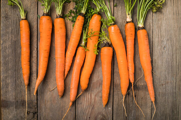 Fresh carrots bunch on rustic background. Healthy vegan vegetable food.