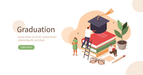 Characters Studying, Learning and Graduating. Student taking Graduation Hat from Book Stacks. End of the School, College or University Concept. Flat Cartoon Vector Illustration.