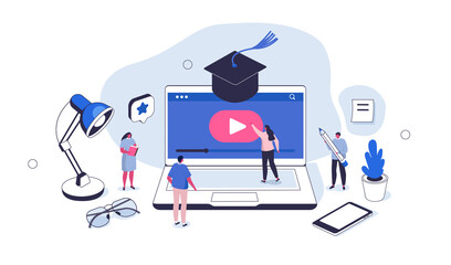 Students Learning Online at Home. People Characters Watching Educational Video on Laptop and Studying in Internet. Online Education Concept. Flat Isometric Vector  Illustration.