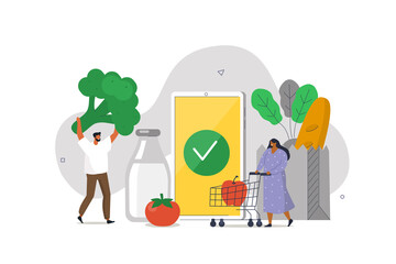 People Characters with Trolley Buying Grocery Food Products in Mobile App. Order and Delivery in Online Supermarket. Grocery Shopping Online Concept. Flat Cartoon Vector Illustration. 