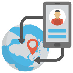 
Mobile connecting with world globe, mobile locationing flat icon
