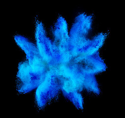 blue cyan holi paint color powder explosion isolated dark black background. industry beautiful...