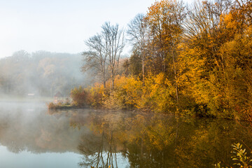 Beautiful landscape with lake and forest. Amazing nature wallpaper. Autumn trees in foggy morning. Romantic place. 