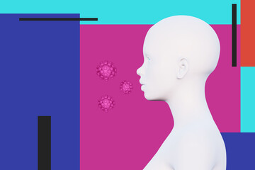 minimal female head and virus cells, cough, side view, spread virus infection concept, 3d render