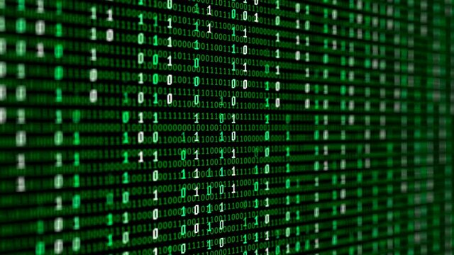 Binary code matrix background with digits moving on screen. Algorithm binary, data code, decryption and encoding, row matrix seamless loop abstract background.