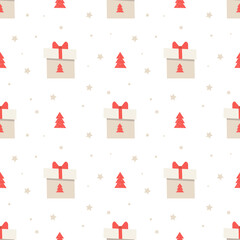 Seamless Christmas pattern with craft paper gift boxes with red bow and Christmas trees. Isolate. Flat vector illustration