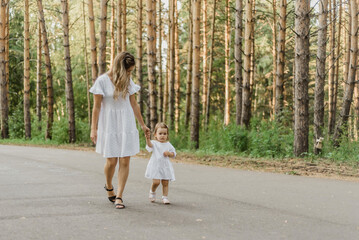 Fototapeta premium mother and little daughter together by the hand walk in the Park in the summer, the concept of happy motherhood and childhood
