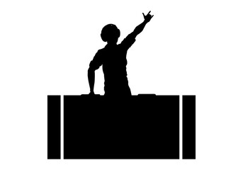 DJ silhouette. A man is wearing headphones and mixing music on a player or console. Party and disco design element. Vector illustration.