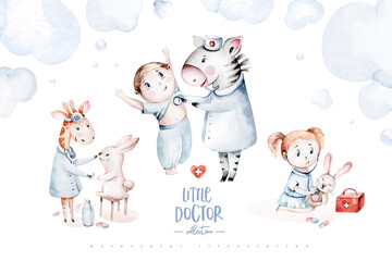 Cute cartoon animal zebra, hippo, giraffe doctor. pediatrics kids boy and girl. pills, ambulance, mask, bacteria, viruses, coronavirus. Watercolor hand drawn boy and girl doctor set