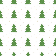 Seamless Christmas pattern with craft paper gift boxes with red bow and Christmas trees. Isolate. Flat vector illustration