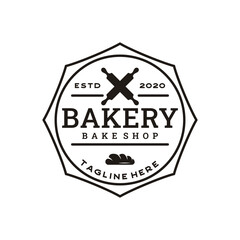 Vintage Retro Bakery, Bake Shop stamp badge Logo design with line art style