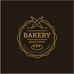 Vintage Retro Bakery, Bake Shop stamp badge Logo design with line art style