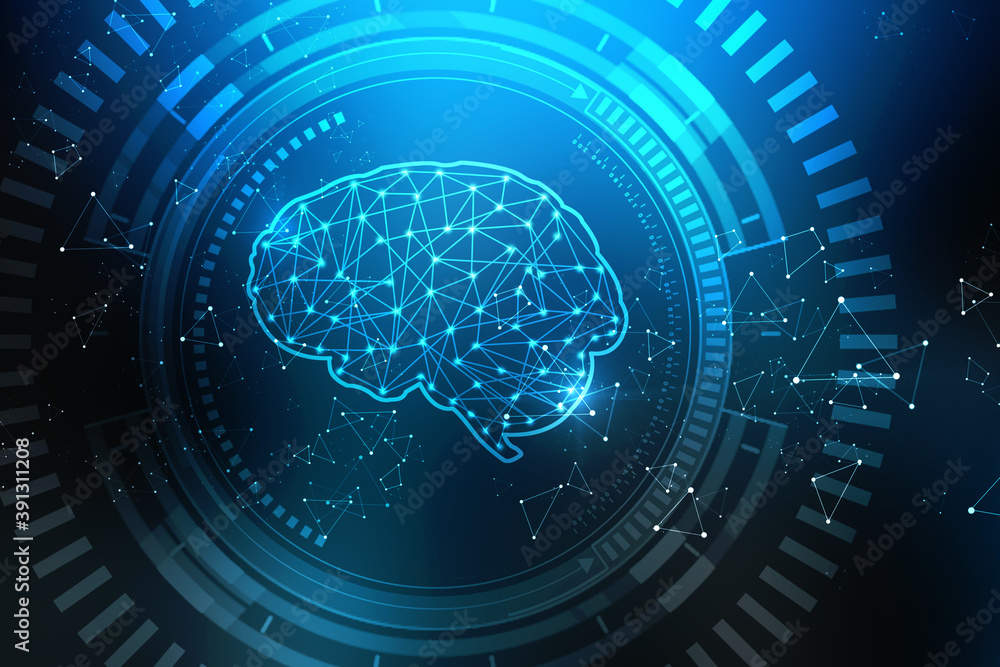 Poster 2d illustration concept of thinking, background with brain, abstract artificial intelligence. techno