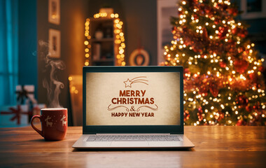 Christmas wishes on a laptop and Christmas tree