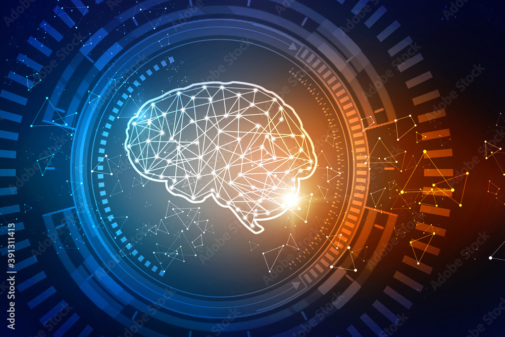 Poster 2d illustration concept of thinking, background with brain, abstract artificial intelligence. techno
