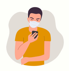 Young man in mask looks into the smartphone.Vector flat style  illustration
