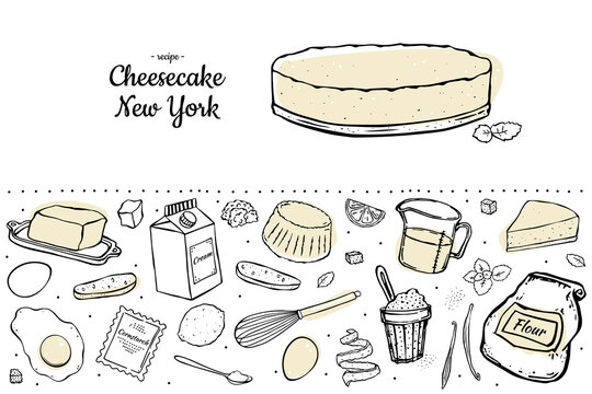Two colour set cheesecake and ingredients for it black outline on white background. Doodle style.