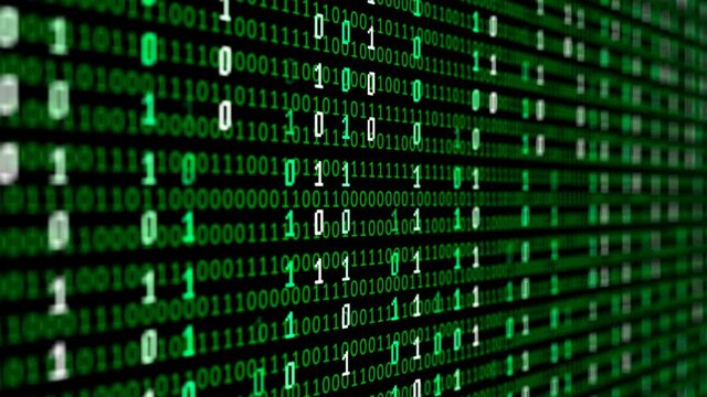 Binary code matrix background with digits moving on screen. Algorithm binary, data code, decryption and encoding, row matrix seamless loop abstract background.