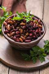 Canned red and brown  Beans in bowl. Healthy food